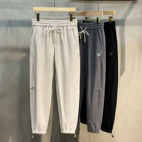 春秋新款松紧腰灰色卫裤男休闲裤潮流宽松直筒百搭束脚运动九分裤商品大图