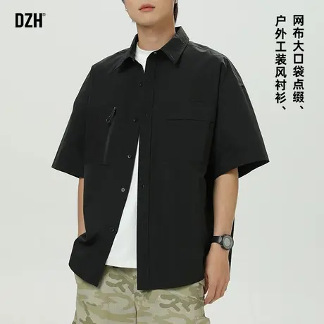 男士黑色工装衬衫短袖男2025新款休闲衬衣男款设计感上衣图片