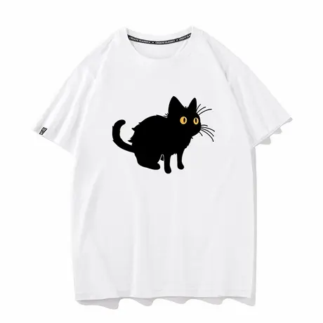 秀洛小黑猫T恤短袖男女衣服打底衫半袖体恤纯棉宽松情侣装个性商品大图