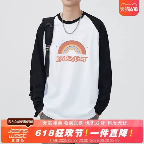 NG真维斯男装潮牌纯棉长袖T恤秋季新款韩版休闲撞色印花拼接上衣商品大图