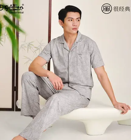 金利来睡衣男夏季2025新款短袖长裤可外穿印花家居服睡衣睡裤套装商品大图