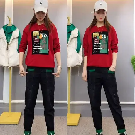 时尚套装女字母宽松卫衣2023春秋装洋气卫衣贴布牛仔裤两件套装潮图片