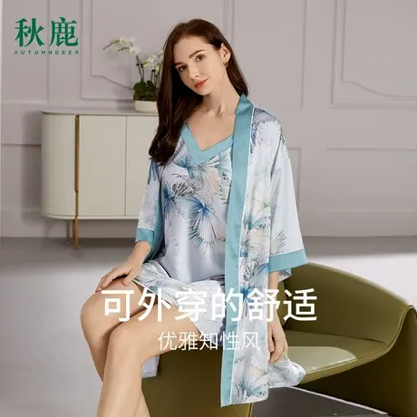 秋鹿仿真丝夏天睡衣女款南韩丝吊带睡裙中袖绑带外袍春夏家居女裙商品大图