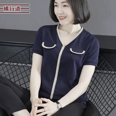 2023夏季新款简约撞色边V领拼织带宽松短袖T恤女装大码外穿上衣服商品大图