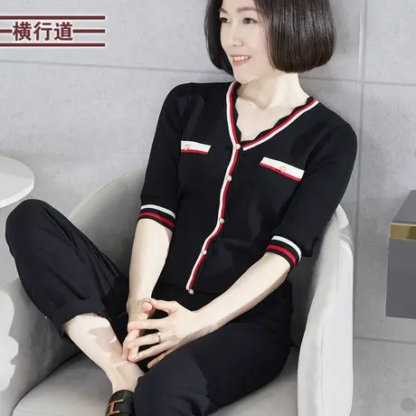针织衫中袖女2023秋季小香风V领黑色简约大码中年妈妈上衣五分袖商品大图