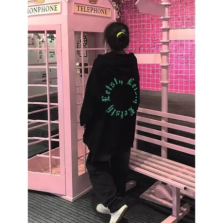 连帽卫衣女超火cec大码秋冬加绒款国潮ins复古慵懒风宽松外套上衣商品大图