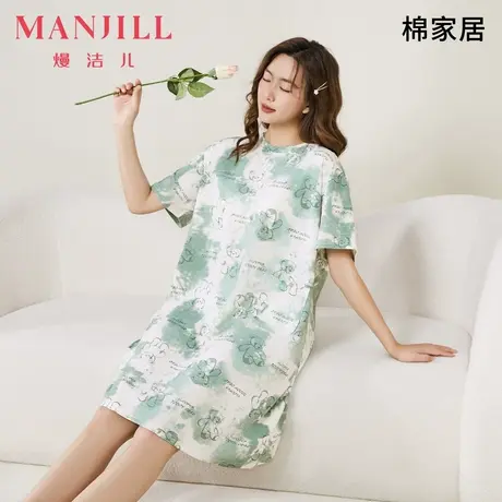 熳洁儿95%棉夏季睡裙女薄款柔软女士家居可爱印花短袖睡裙可外穿商品大图