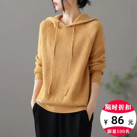 dza 复古连帽女士毛衣加厚冬季短款上衣宽松打底衫洋气内搭针织衫商品大图