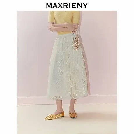 MAXRIENY法式优雅感镂空绣花散摆半裙25秋款米白色高腰复古中长裙图片