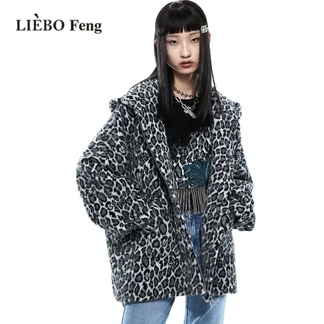 裂帛LIEBOFeng原创设计ins复古豹纹高街时髦毛茸茸大衣毛呢外套女图片