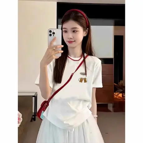 美式韩版宽松中长款印花白色个性短袖t恤2025年新款半袖圆领上衣商品大图