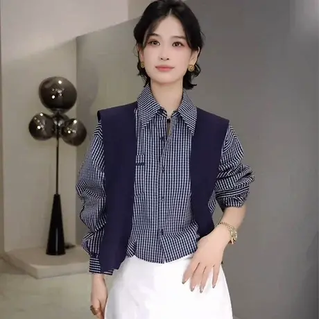 蓝色翻领条纹衬衫带披肩衬衣女早秋季2025新品小个子宽松百搭上衣图片