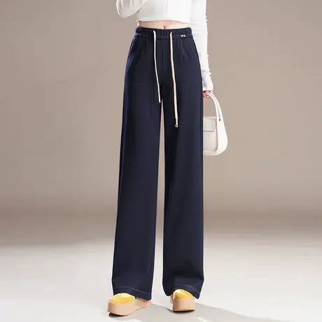 时尚休闲直筒裤女2025秋季新款松紧腰显瘦长裤垂感百搭窄版阔腿裤商品大图