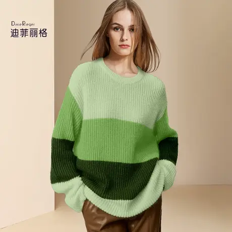 迪菲丽格2023秋冬新款撞色拼接简约复古风毛衣女圆领套头慵懒上衣图片