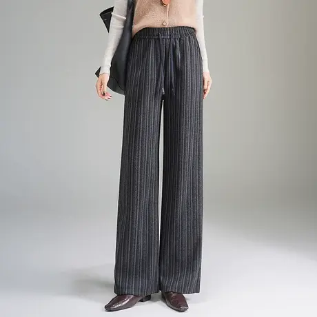 时尚条纹阔腿裤女2025秋季新款松紧腰显瘦气质直筒裤通勤休闲长裤商品大图