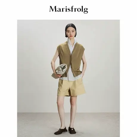 Marisfrolg玛丝菲尔复古卡其简约阔型高腰短裤五分裤图片
