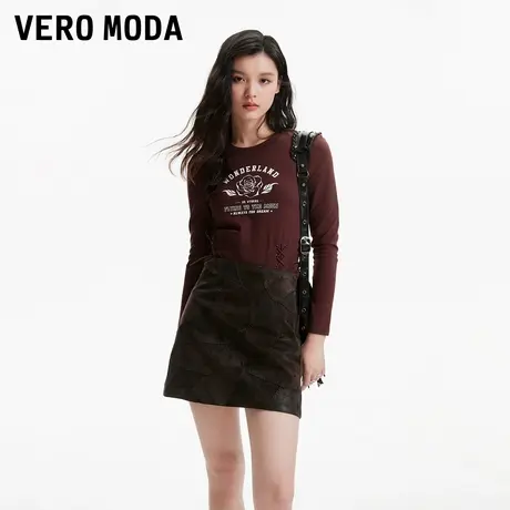 Vero Moda奥莱半身裙春秋新款高腰A字猪剖层革时髦真皮裙子流行图片