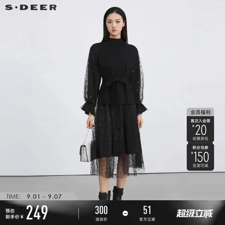 sdeer圣迪奥秋季女收腰网纱针织雪纺套装连衣裙S223Z12AM图片