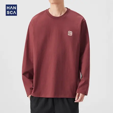 hansca 260g重磅纯棉长袖T恤男士2025秋季撞色字母刺绣打底衫上衣商品大图
