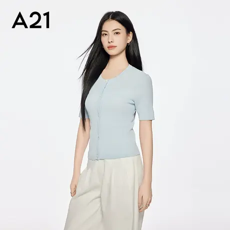 A21女装三色可选短袖开衫毛针织衫简约单排扣圆领上衣百搭显瘦商品大图