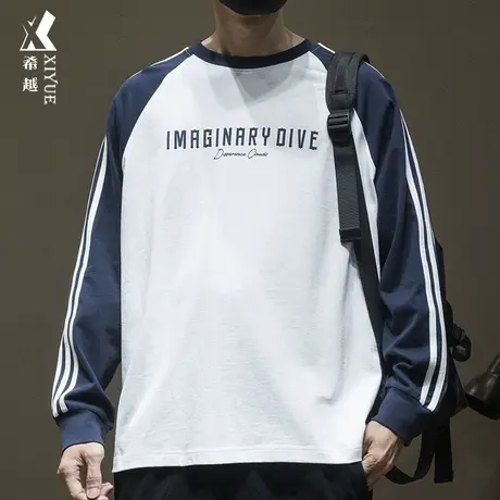 秋季新款长袖T恤男宽松大码美式复古插肩袖套头纯棉打底衫上衣潮商品大图