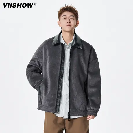 VIISHOW潮牌美式做旧底特律工装翻领夹克男复古宽松小众潮流外套商品大图