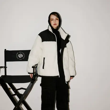 美式复古棉服女加厚冬季羊羔毛拼接外套2023新款街头潮牌宽松棉衣商品大图