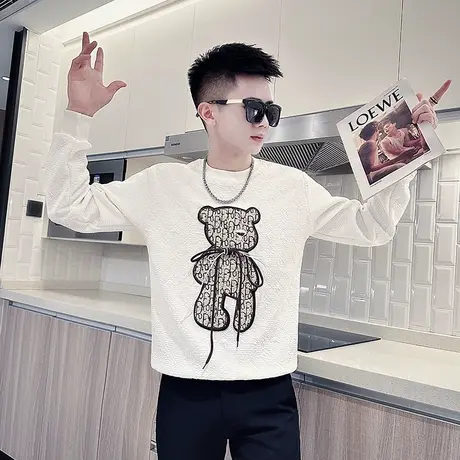 秋季长袖体恤男潮牌重工小熊刺绣卫衣设计感发型师小众个性打底衫商品大图