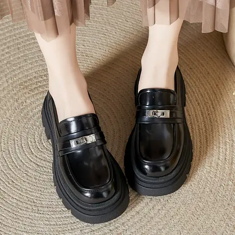 珂卡芙厚底乐福鞋女2023新款秋季一脚蹬女鞋松糕大头鞋英伦小皮鞋商品大图