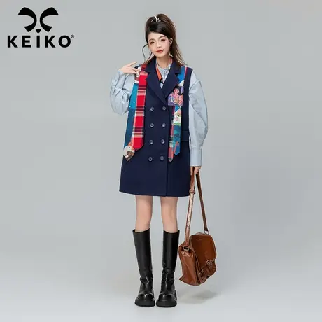 KEIKO 飘带饰西装领无袖毛呢外套女2023秋冬双排扣中长款马甲风衣图片