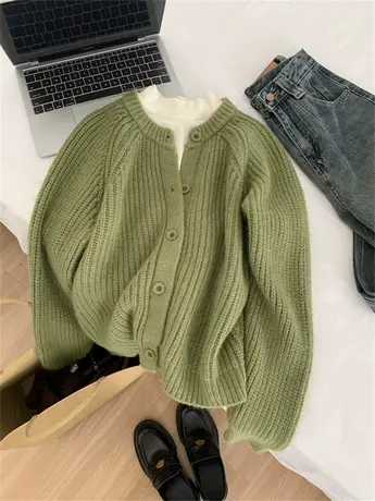 芭蕉绿复古圆领毛衣外套女宽松外搭插肩袖麦穗粗针慵懒风开衫秋冬商品大图