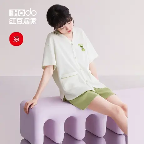 纯棉睡衣女夏款红豆居家短袖开衫凉感家居服华夫格柔软全棉套装薄商品大图
