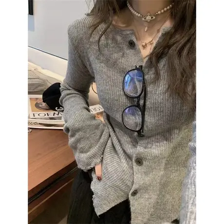 不规则针织打底衫内搭女2023秋冬新款木耳边花边毛衣正肩长袖上衣商品大图