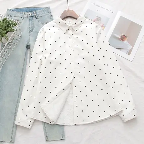 秋冬新款文艺小清新加绒加厚长袖衬衫女学生点点纯棉打底保暖上衣商品大图