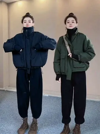 秋冬新款撞色双口袋棉衣休闲长外穿小个子棉服宽松立领加厚外套女商品大图