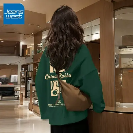 ZR真维斯oversize卫衣女秋冬2023新款爆款薄款绿色圆领上衣外套女商品大图