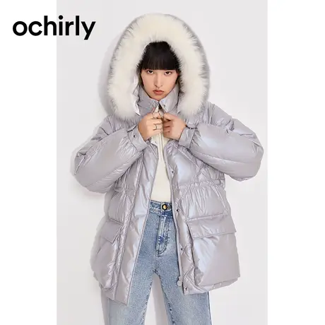 【七七酱专享】欧时力 亮面羽绒服新款冬装时尚狐狸毛领外套商品大图