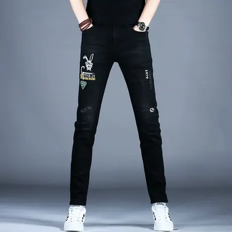 男士新款牛仔裤秋冬款裤子黑色百搭美式修身刺绣印花小脚潮牌休闲商品大图
