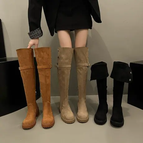 长筒靴女2023年春秋季新款法式复古绒面时尚瘦瘦靴粗跟高跟骑士靴图片