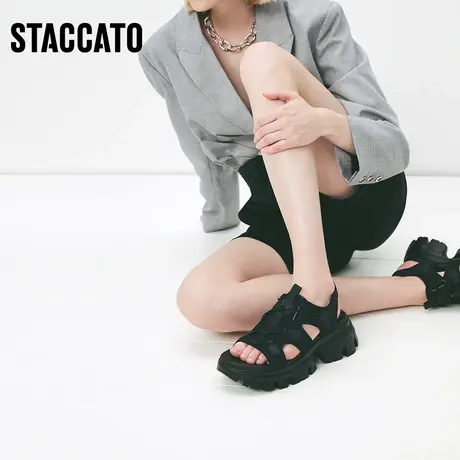 思加图新款休闲增高厚底凉鞋魔术贴运动女凉鞋子EBK26BL2商品大图