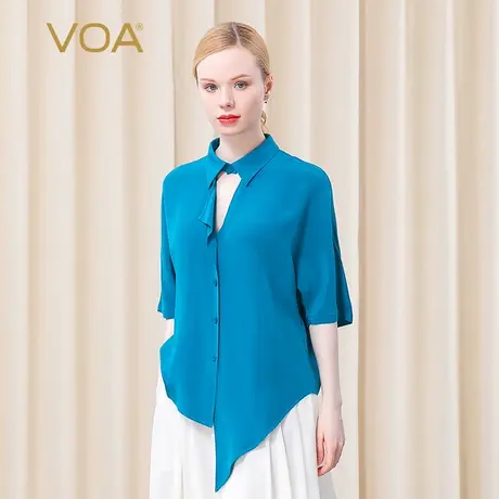 VOA30姆米重磅真丝POLO领中袖靛青蓝色不规则立体装饰桑蚕丝衬衫图片