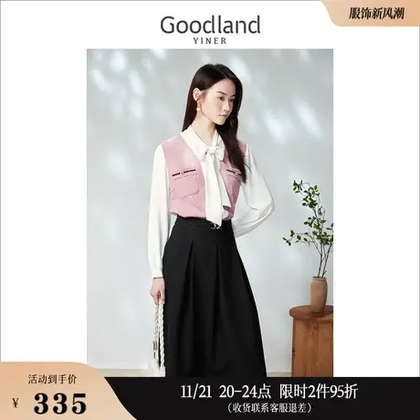 【千金风】Goodland美地女装2023春季小香风假两件撞色衬衫商品大图