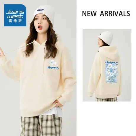 JR真维斯女装前后背印花加绒卫衣 冬季连帽羊羔绒套头衫女款上衣商品大图