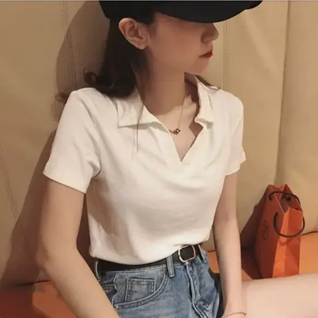 2023夏季新款短款polo衫上衣女夏甜辣风黑色bm短袖翻形V领T恤ins图片