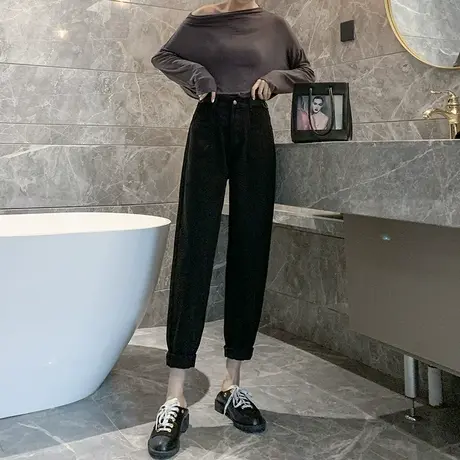 断码清仓黑色牛仔裤女宽松春秋2023老爹裤小个子高腰阔腿直筒裤子商品大图