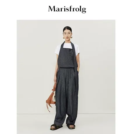 【亚麻面料】玛丝菲尔春夏新款黑灰色百褶吊带连体休闲裤图片