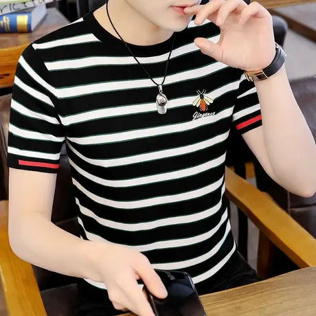 男士冰丝半袖圆领夏季黑白条纹针织衫薄款修身短袖韩版冰麻t恤潮商品大图