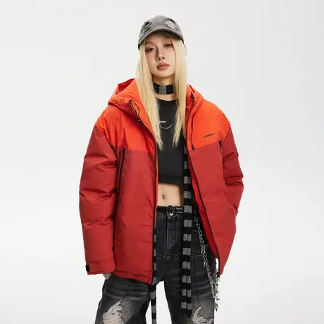 潮牌拼色连帽棉服女加厚冬季外套新款复古宽松bf面包服棉衣商品大图