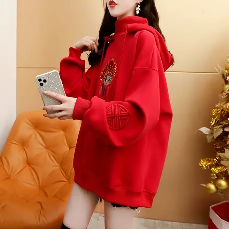 加绒加厚连帽卫衣外套女2024新款春季爆款时尚洋气宽松设计感上衣商品大图