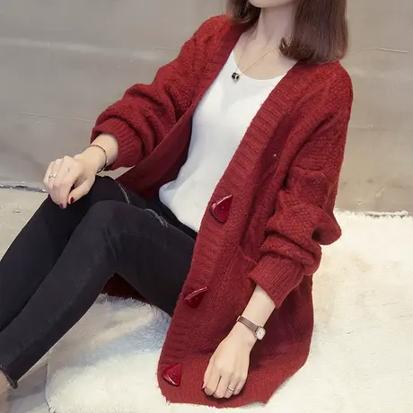 复古红色针织开衫女秋季新款韩版宽松慵懒风麻花毛衣外套秋冬图片
